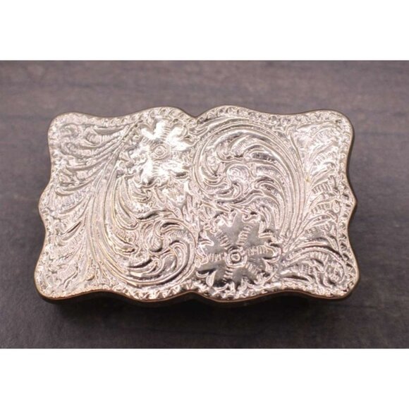 Western Scroll Ornate Belt Buckle Silver Tone Floral Embossed Rope Edge Vintage - Picture 1 of 7